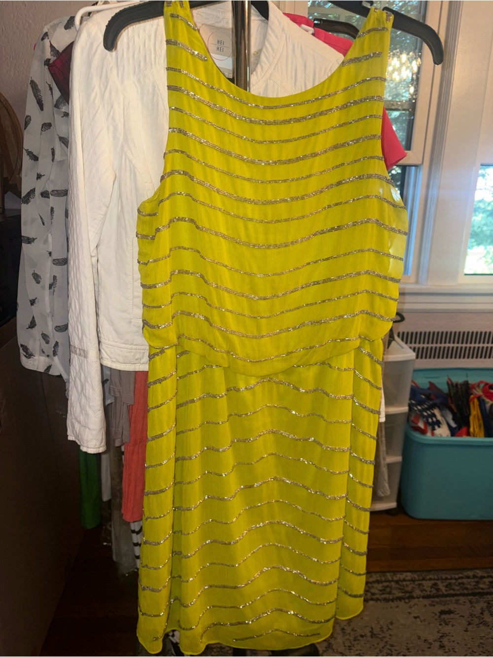 Tahari Arthur S. Levine Lime Green Beaded Wave Dress - Size Medium